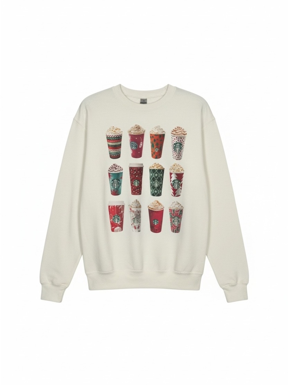 Women's Gildan Cream Holiday Cup Graphic Crewneck Sweater - Size Small